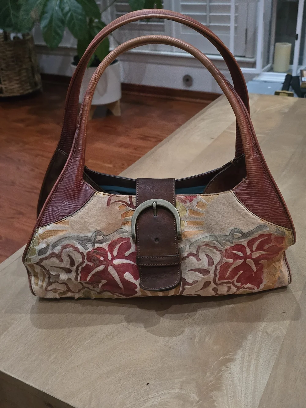 Vintage Floral Leather Tote Handbag - Brown & Red